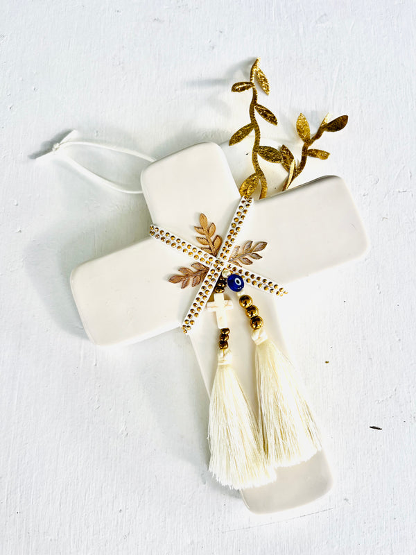 Olive Leaf Ceramic White Cross