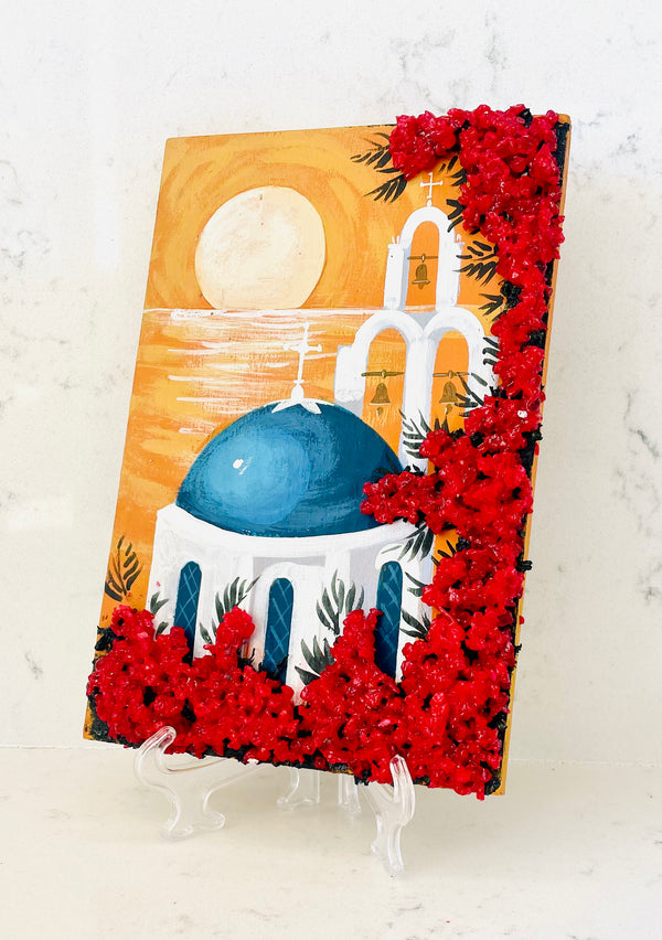 Hand Painted Greek Island Artworks - Sunset with 3D Crystal Bougainvillea