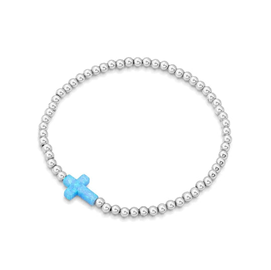 Opalite Cross Beaded Silver Bracelet