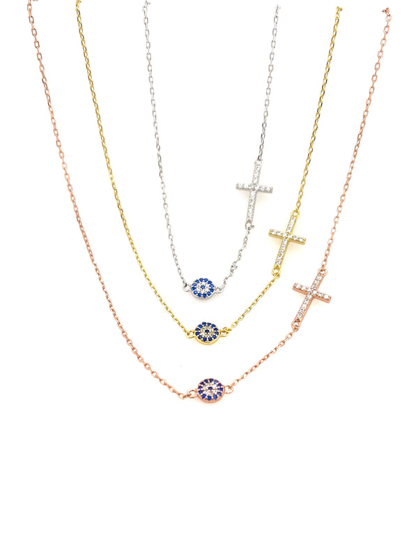 sterling silver and gold cross with mati necklace