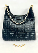 Meander Embossed Shoulder Bag with Gold Chain