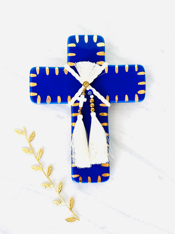 Mediterranean Blue & Gold Ceramic Cross