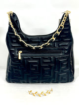 Meander Embossed Shoulder Bag with Gold Chain