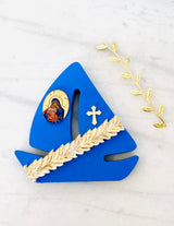 Greek Wishes Navy Blue Boat with Panayia & Baby Jesus Icon