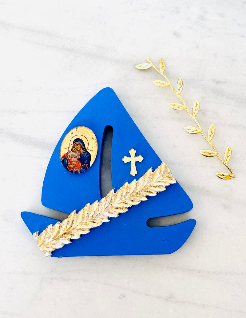 Greek Wishes Navy Blue Boat with Panayia & Baby Jesus Icon
