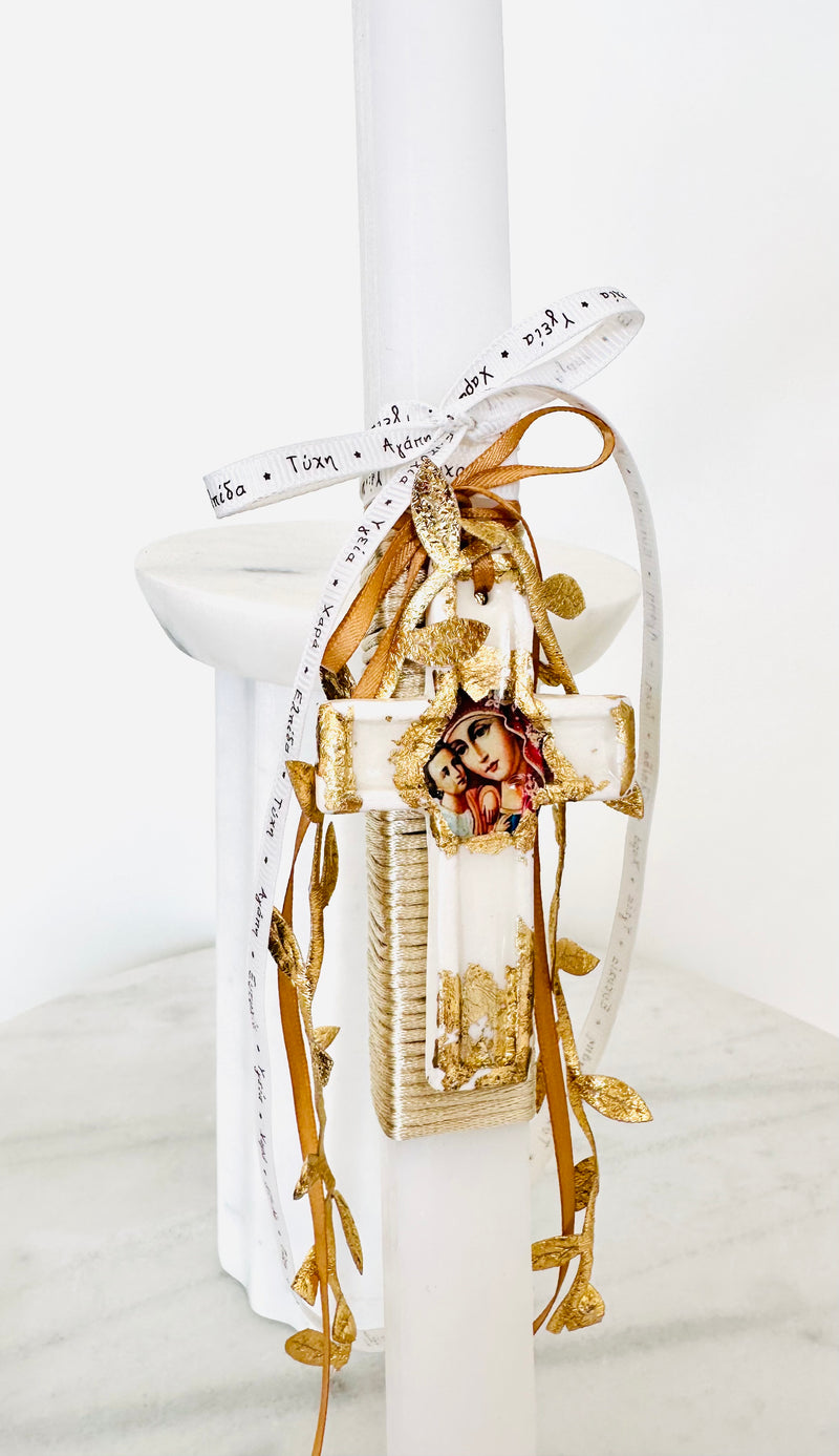 PRE-ORDER Handmade Panayia Cross Easter Lambatha - White & Gold