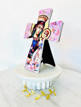 Panayia and Baby Jesus Pink Floral  Cross Tile
