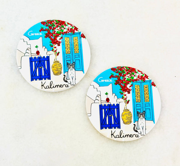Greek Island Door Ceramic Coaster