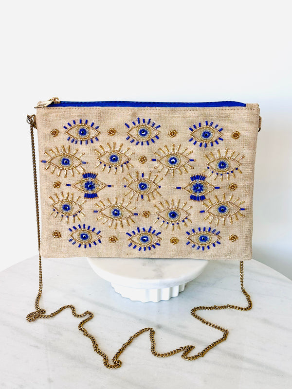 Beige Beaded Mati Clutch with Chain