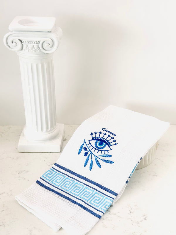 Embroided Olive Branch and Mati Tea Towel - Greece