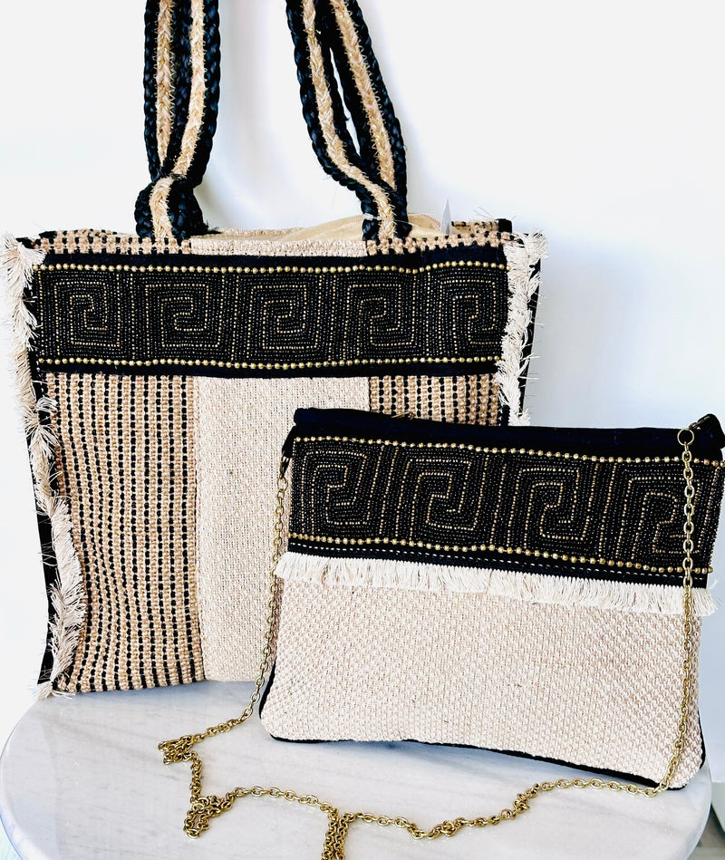 Beaded Greek Key Fringe Shoulder Bag