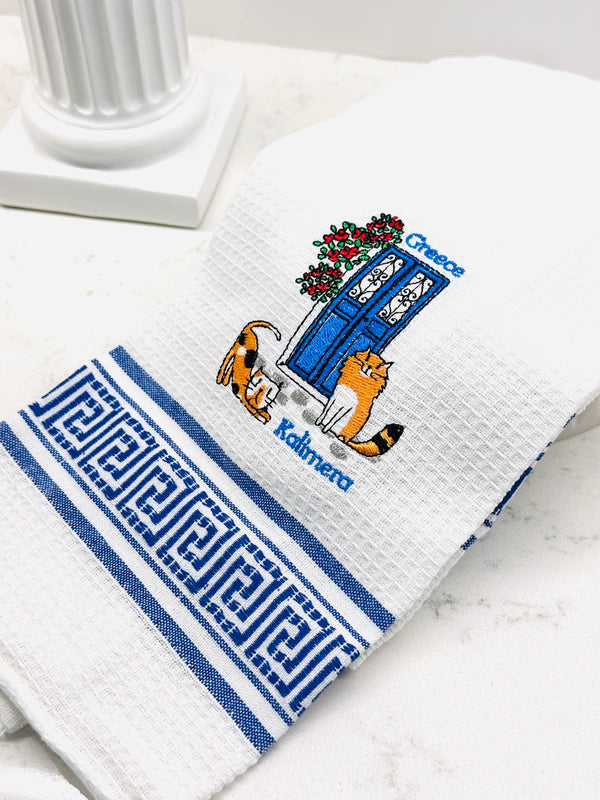 Embroided Greek Door and Cat Kalimera Tea Towel