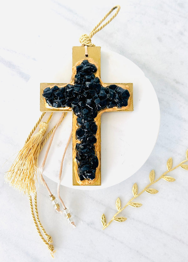 Handcrafted Gold & Black Crystal Cross