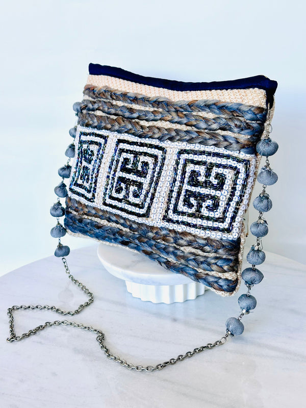 Greek Key Beaded Clutch with Chain