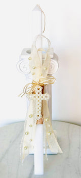 Pearl Beige & Gold Cross Lambatha Easter Candle