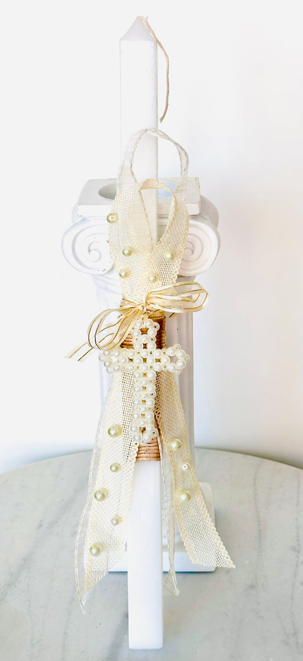 Pearl Beige & Gold Cross Lambatha Easter Candle