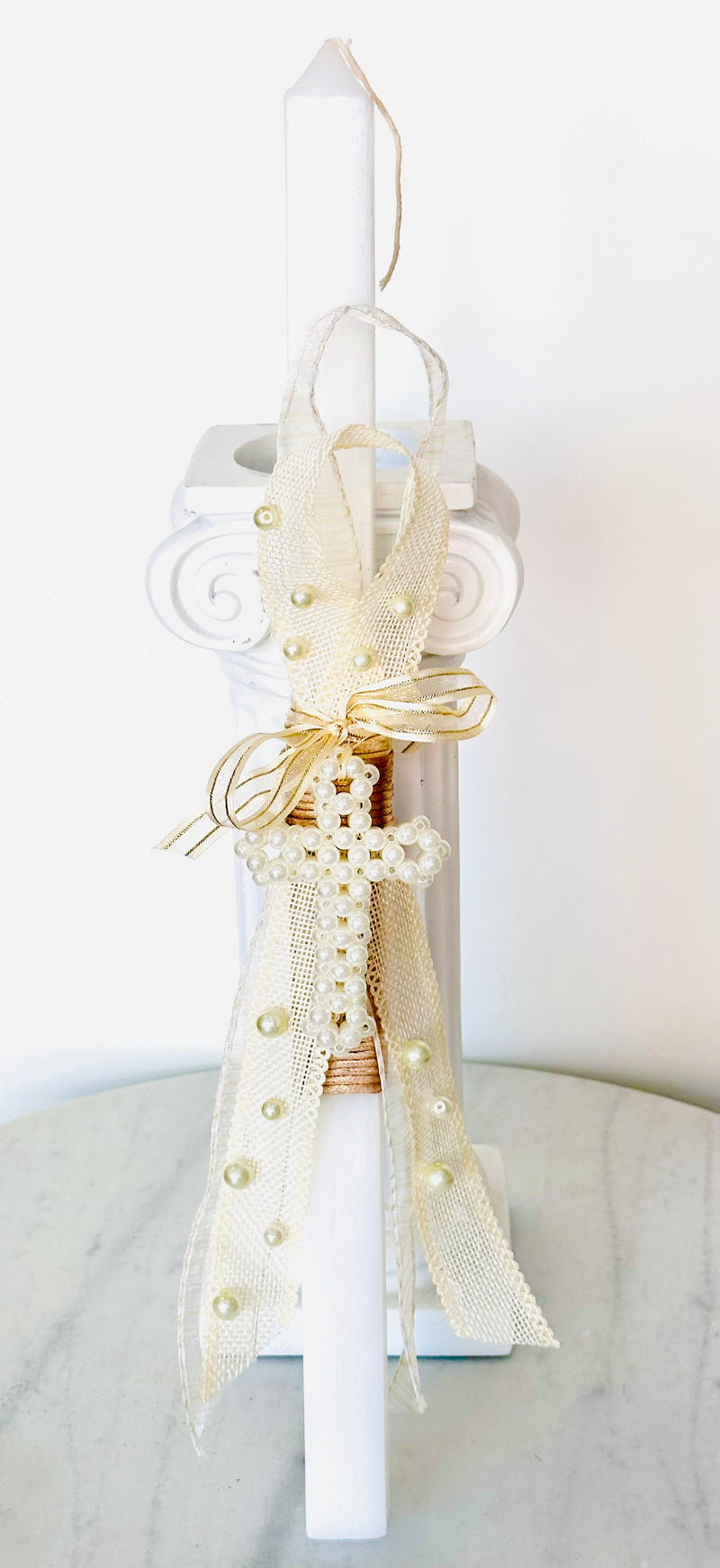 Pearl Beige & Gold Cross Lambatha Easter Candle