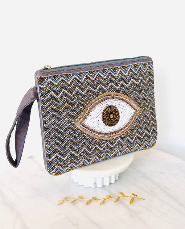 Grey Handbeaded Mati Clutch