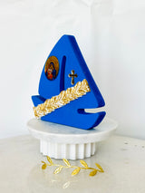 Greek Wishes Navy Blue Boat with Panayia & Baby Jesus Icon