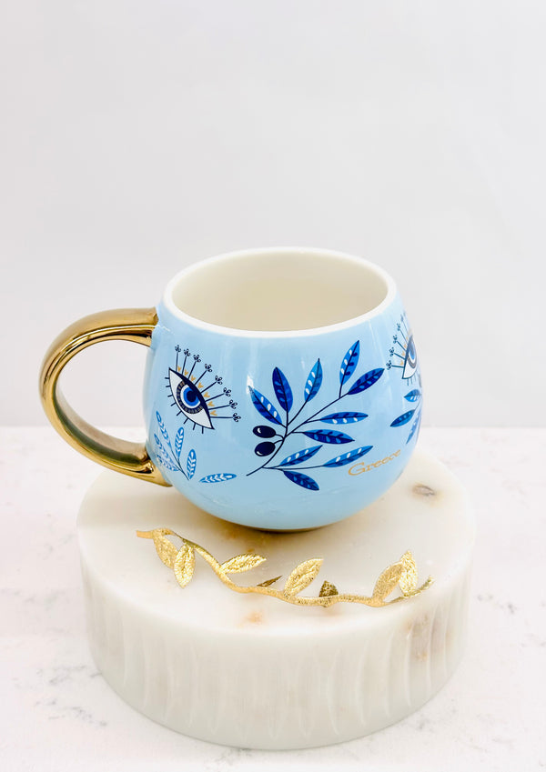 Blue Olive Branch and Mati Mug with Gold Handle