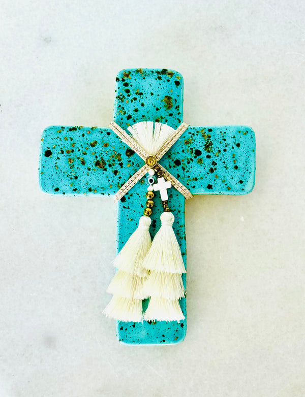 Turquoise Speckled Cross Decor