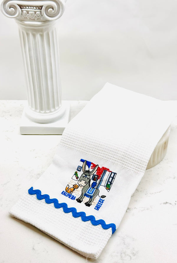 Embroided Donkey and Cat Kalimera Tea Towel