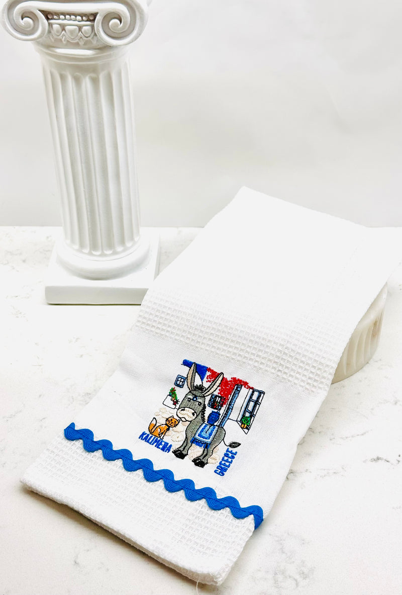 Embroided Donkey and Cat Kalimera Tea Towel