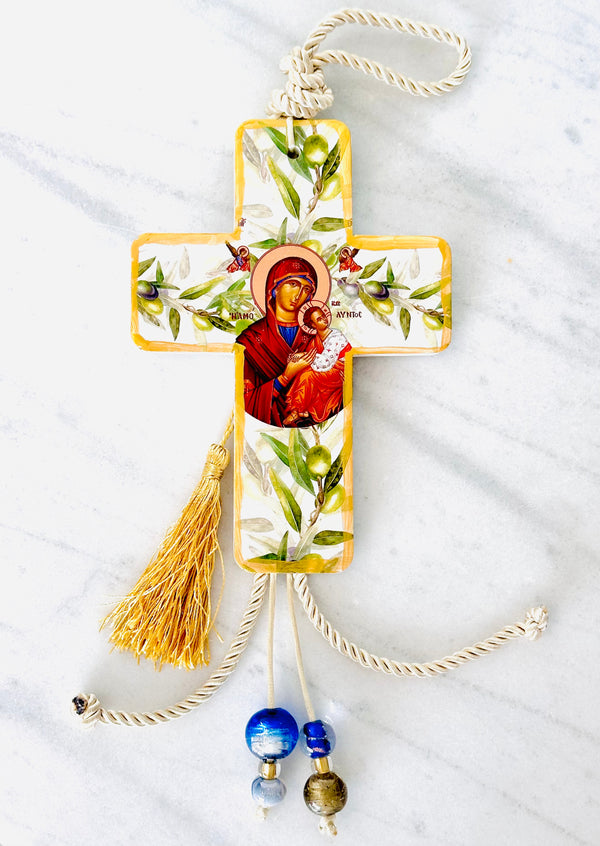 Panayia & Baby Jesus Ceramic Cross with Olive Design