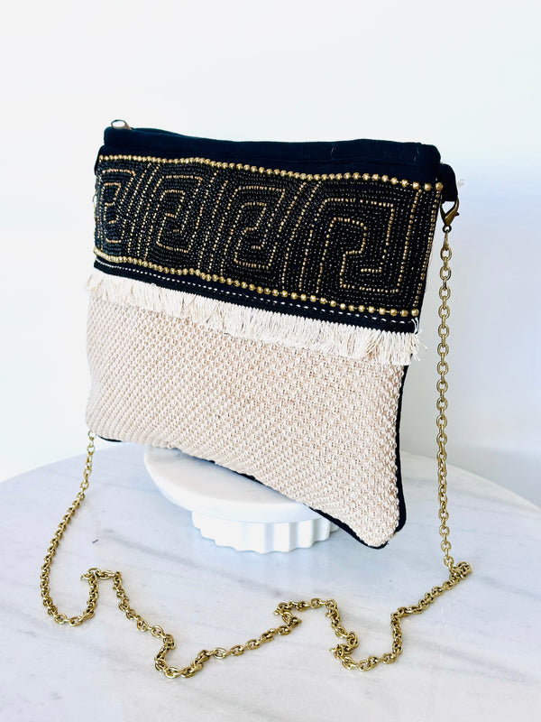 Beaded Greek Key Fringe Clutch Bag