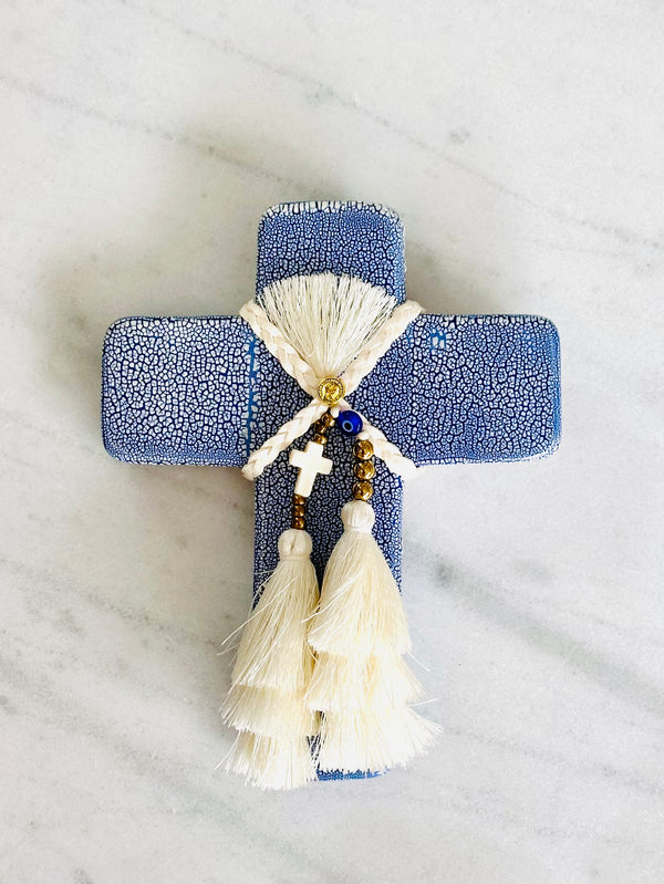 Blue & White Tassel Ceramic Cross