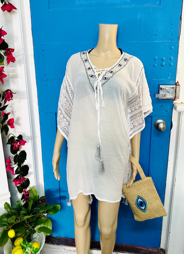 White Beach Kaftan with Mati beading