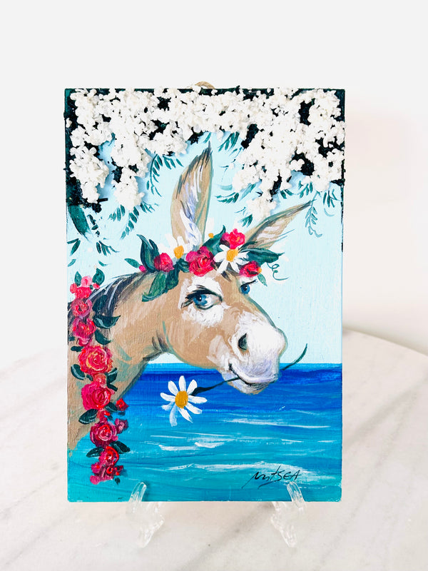 Hand Painted 3D white Crystal Bougainvillea Donkey Art Decor