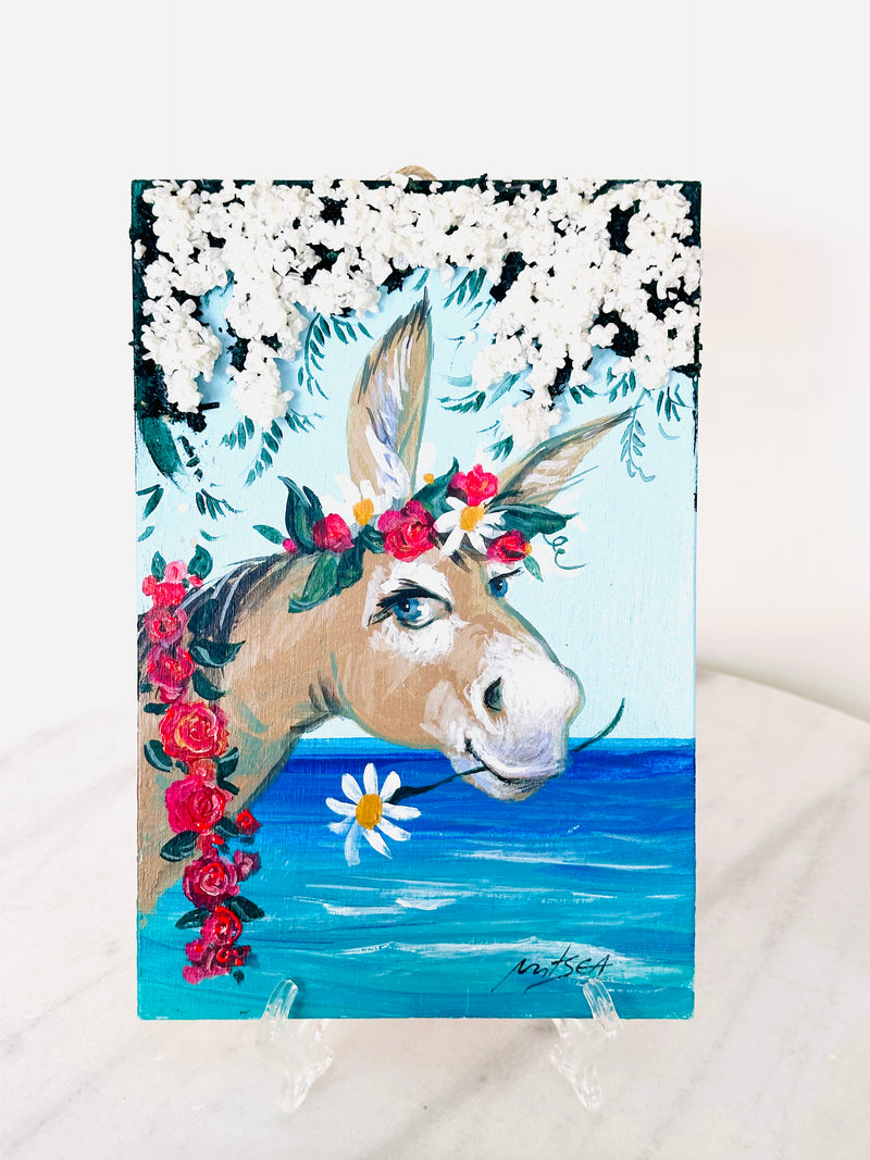 Hand Painted 3D white Crystal Bougainvillea Donkey Art Decor