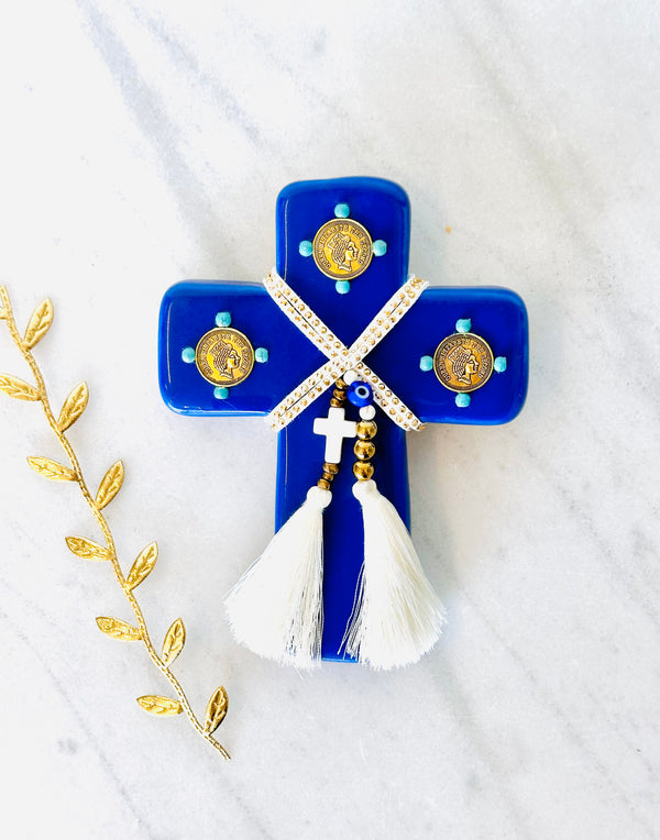 Blue and Turquoise Coin Ceramic Cross