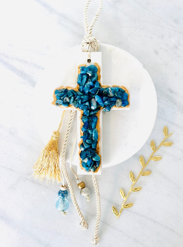 Handcrafted Ocean Blue and White Crystal Cross