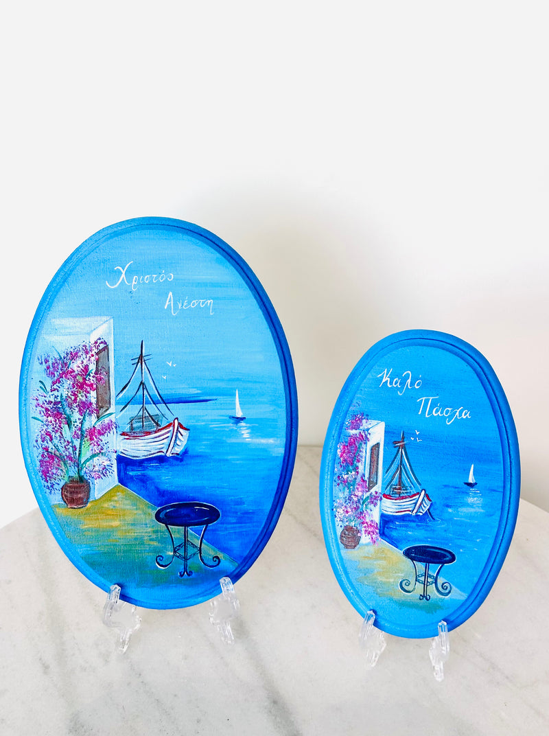Easter Wooden Plaque- Greek Boat & Bougainvillea Design