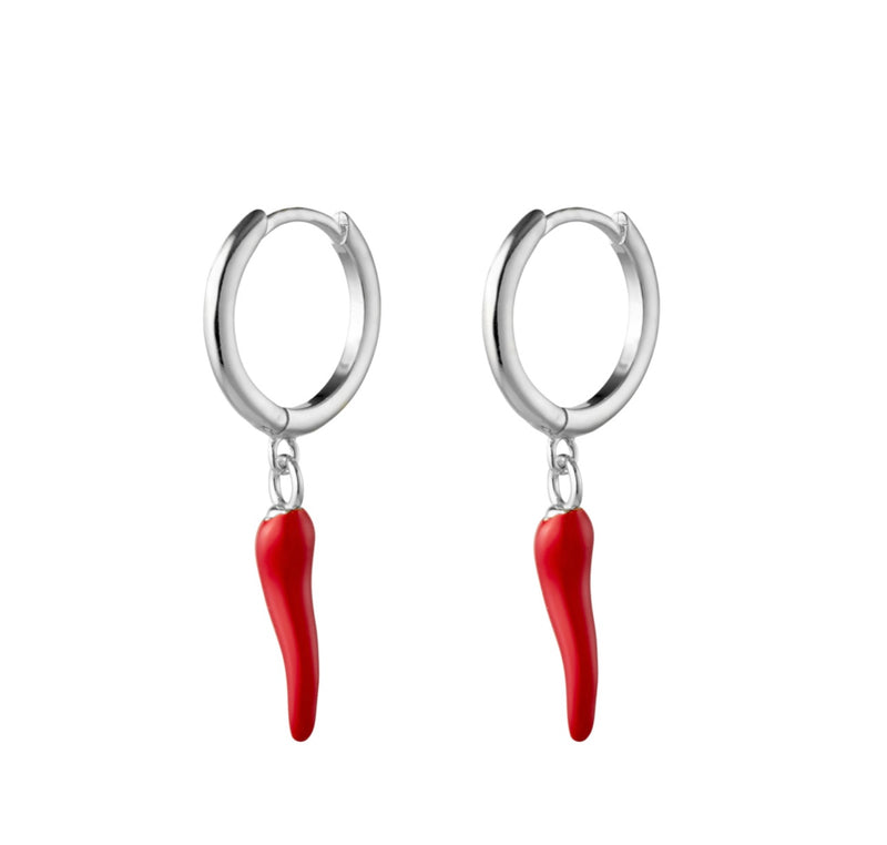 Sterling Silver Huggie Earrings with Red Cornicello Horn Charm