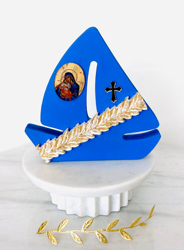 Greek Wishes Navy Blue Boat with Panayia & Baby Jesus Icon