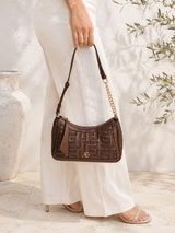 Brown Embossed Meander Shoulder Bag