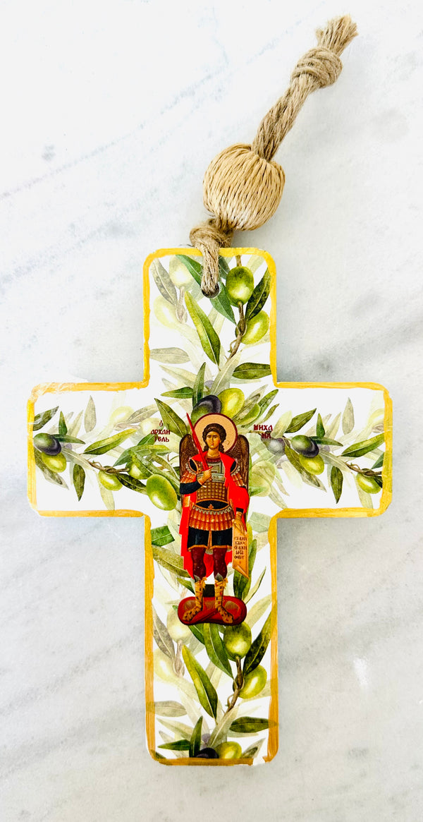 Archangel Michael Ceramic Cross with Olive Design