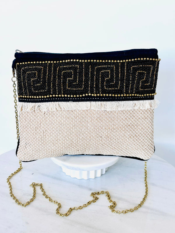 Beaded Greek Key Fringe Clutch Bag