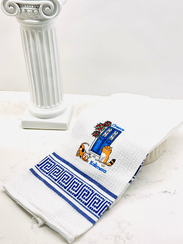 Embroided Greek Door and Cat Kalimera Tea Towel