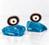 Handcrafted Blue Glass Mati Decor -  Navy & White