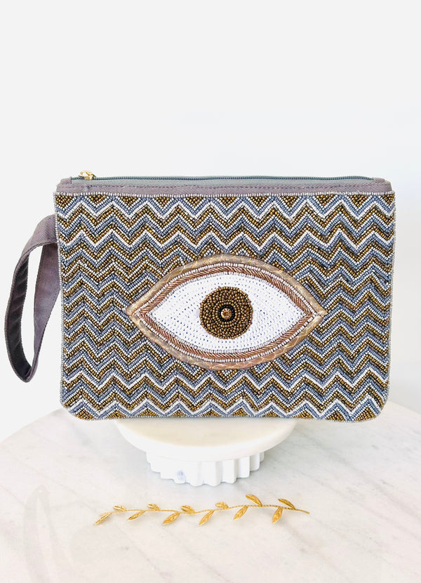 Grey Handbeaded Mati Clutch
