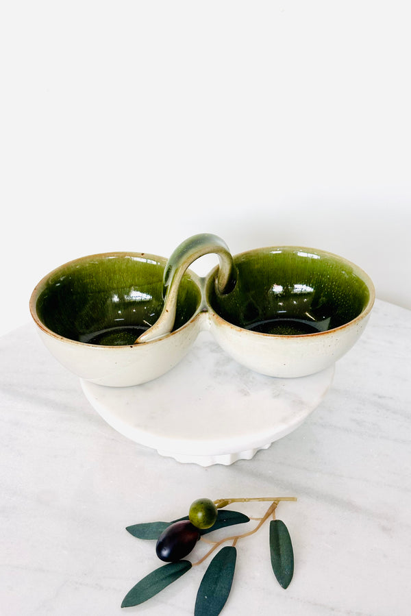 Olive Green Double Bowl with Handle