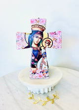 Panayia and Baby Jesus Pink Floral  Cross Tile