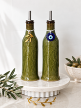Tall Green Olive Oil Dispenser - Mati Decor or Gold Olive Leaf Decor
