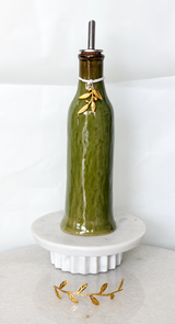 Tall Green Olive Oil Dispenser - Mati Decor or Gold Olive Leaf Decor