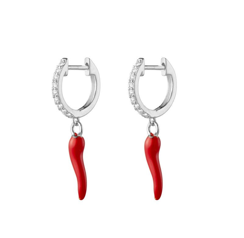 Sterling Silver Huggie Earrings with Red Cornicello Charm