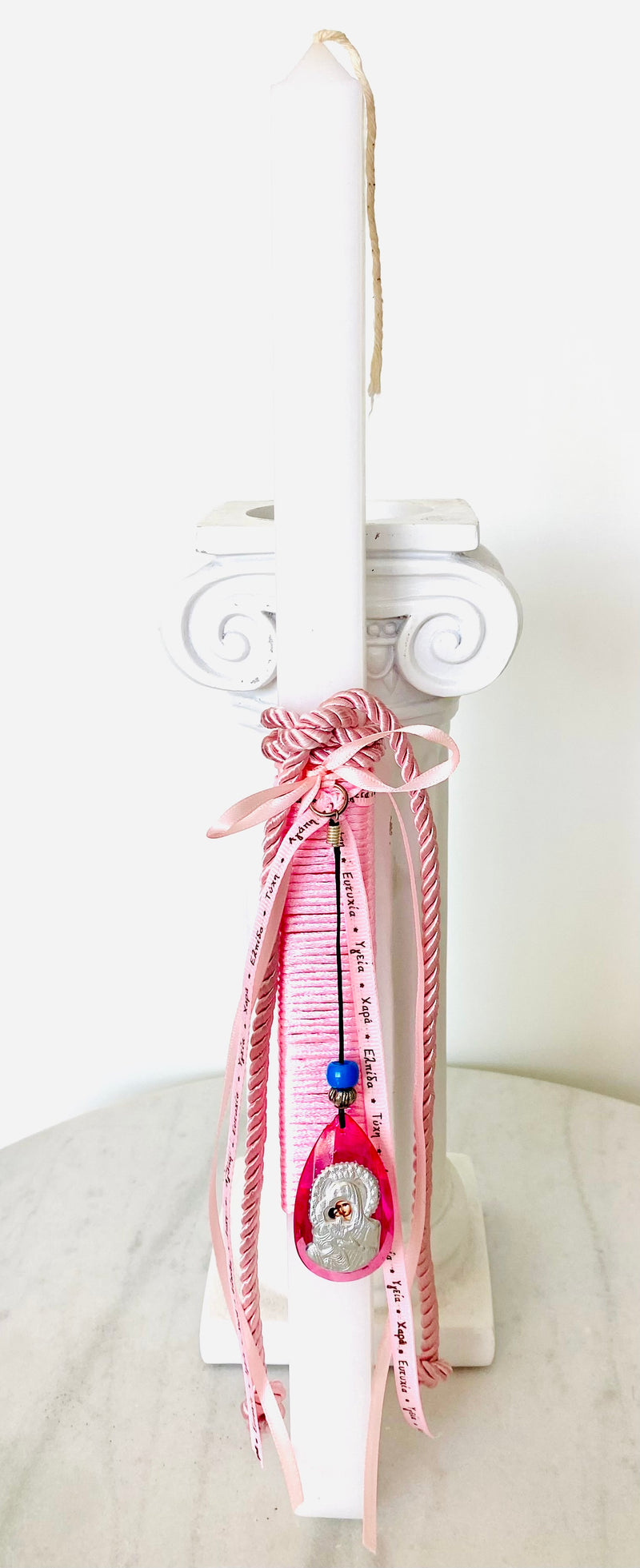 Pink Crystal Panayia & Baby Jesus Pendant Lambatha Easter Candle